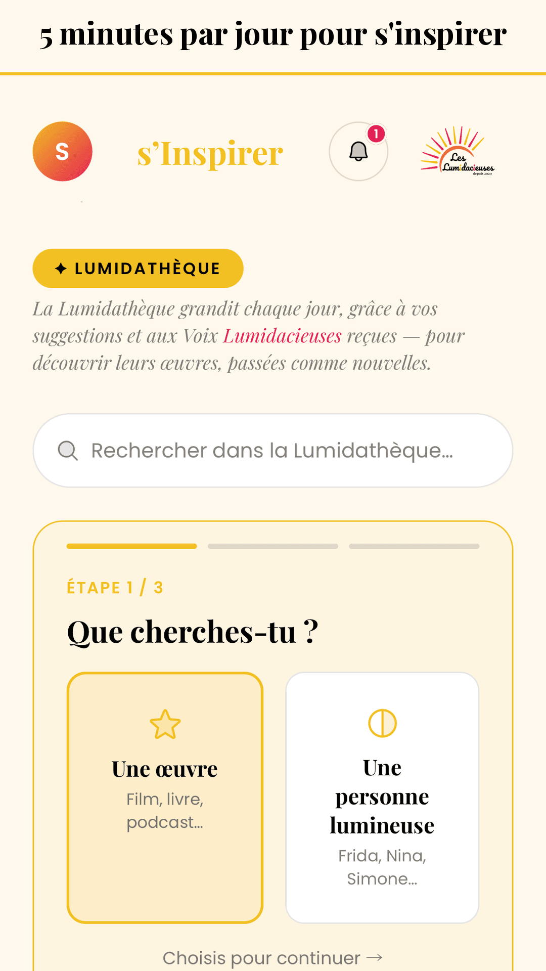 Aperçu de l’application Les Lumidacieuses : l’écran « s’Inspirer », la Lumidathèque.